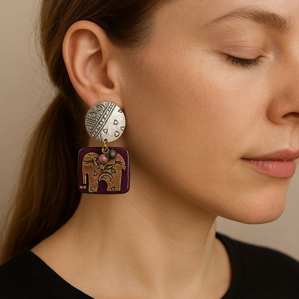 Pierced Earrings Elephant Silver Purple Copper colors dangle 2” long